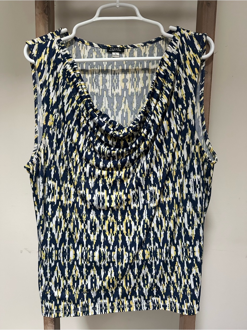 Tahari Navy, White & Yellow Sleeveless Draped Cowl Neck Tank
